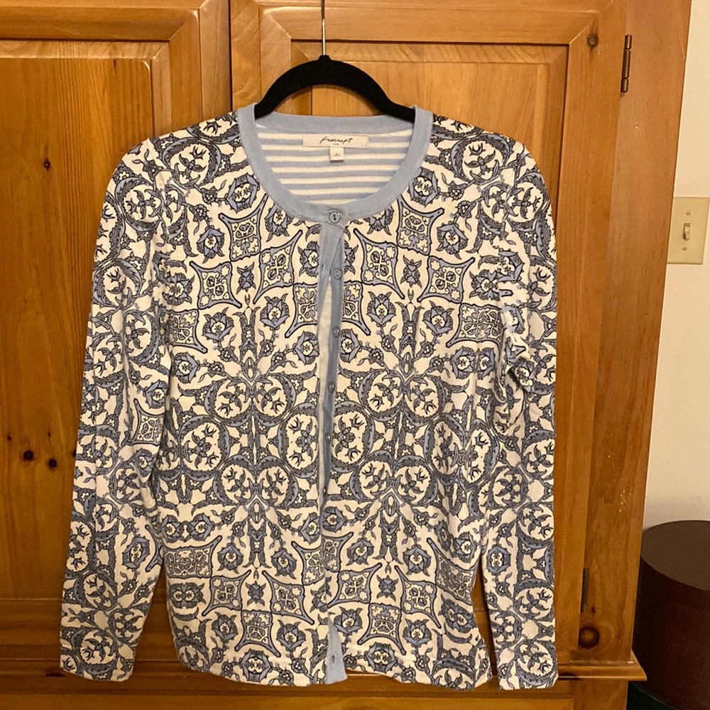 Foxcroft medium blue and white cardigan.